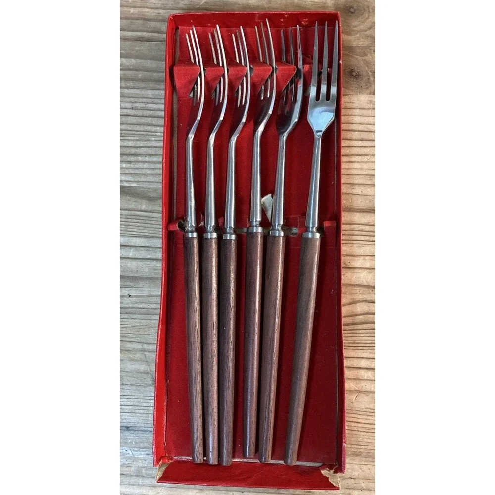 VTG Decorative Fork Lot - Long Wood Handles Japan - Small Gold Tone Set In Boxes